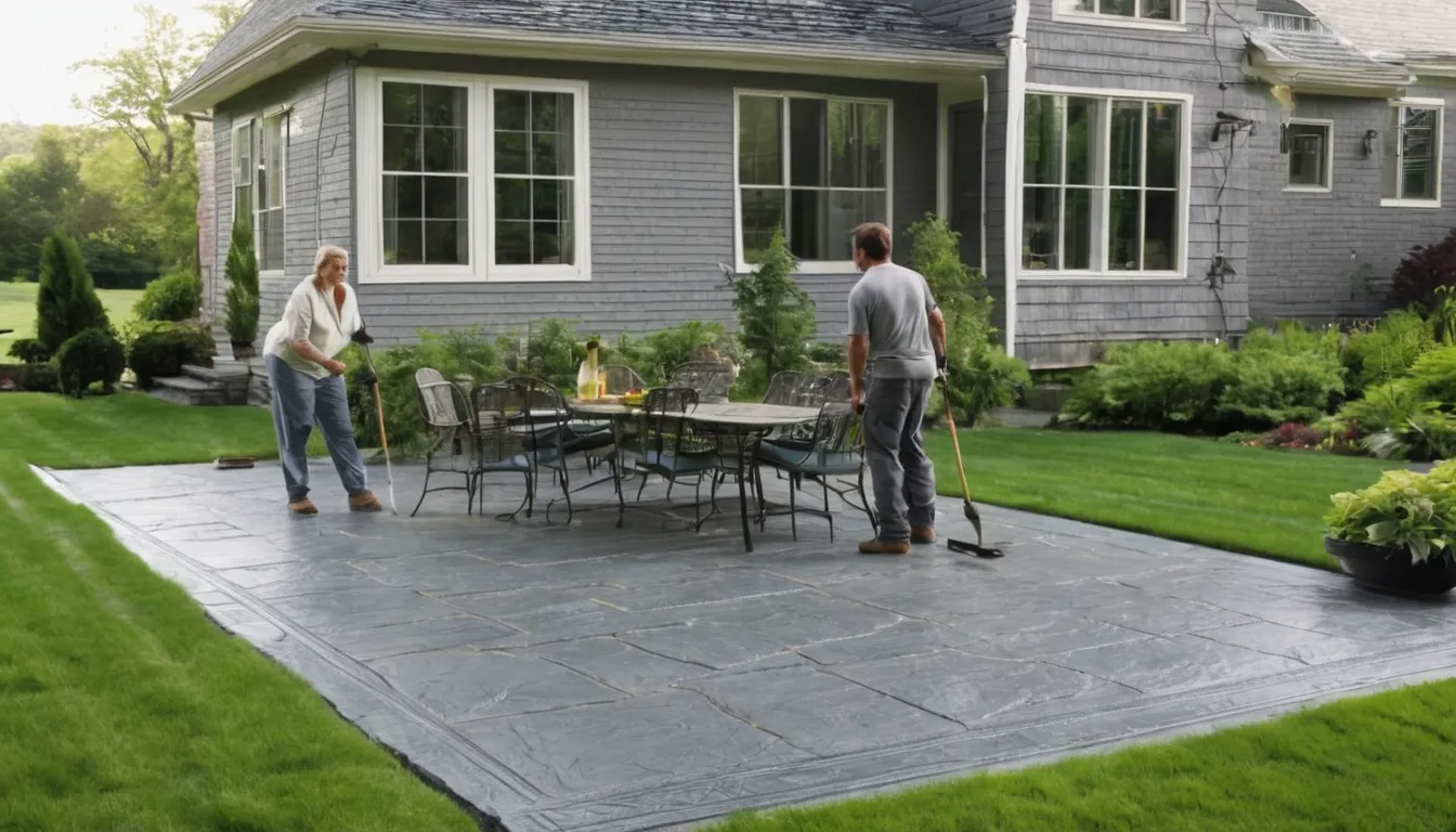 Stamped concrete patio with a slate pattern behind a colonial home in Baltimore
